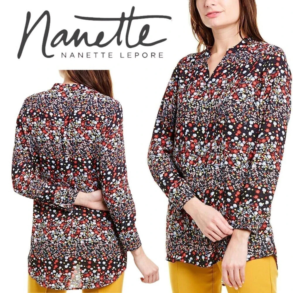 Nanette by Nanette Lepore, Button Down Shirt, Tunic in Floral Print, Black